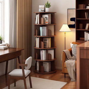 English Elm 5 Tier Rotating Bookshelf Tower with 360° Spin, Space-Saving Corner Display, Modern MDF Storage Unit Walnut W3204P355670