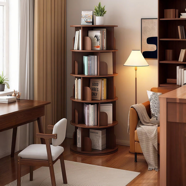 English Elm 5 Tier Rotating Bookshelf Tower with 360° Spin, Space-Saving Corner Display, Modern MDF Storage Unit Walnut W3204P355670