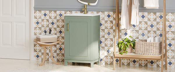 English Elm 20 Inch Modern Small Bathroom Vanity Cabinet With Ceramic Basin, Space-Saving Storage & Soft-Close Door Green N729P170386F