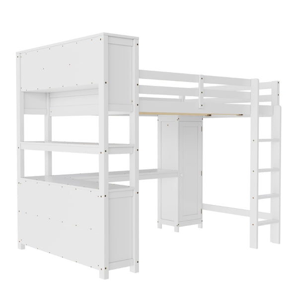 English Elm Full Size Pine Loft Bed House Frame with Slide Bookshelves and Moon Star Rails W1580S00162