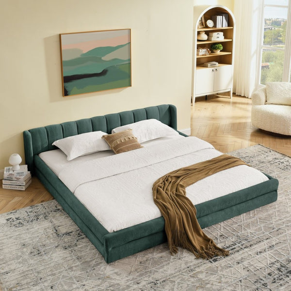 English Elm King Platform Bed Full Chenille Upholstery Low Profile Frame for Modern Bedroom Blue+Green W487S00435