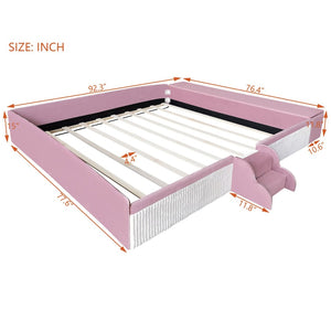 English Elm King Velvet Kids Platform Bed with Padded Guardrails Staircase and Storage Ottoman Pink+White SF000204AAH