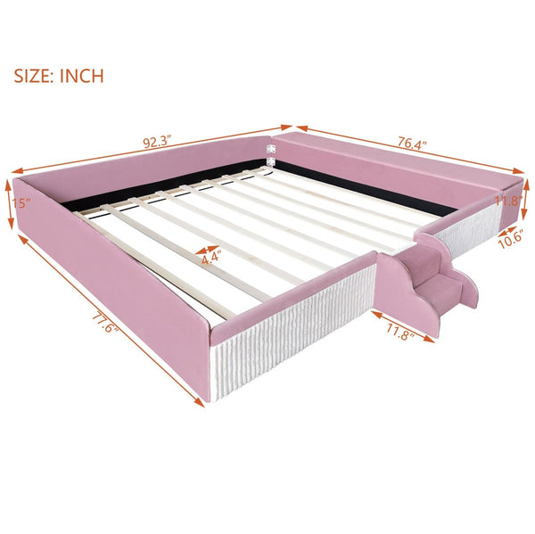 English Elm King Velvet Kids Platform Bed with Padded Guardrails Staircase and Storage Ottoman Pink+White SF000204AAH