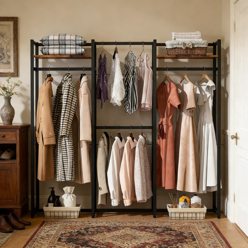 English Elm Portable Freestanding Wardrobe Organizer with Metal Frame and Rustic Shelving for Bedroom T3971P449801