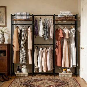 English Elm Portable Freestanding Wardrobe Organizer with Metal Frame and Rustic Shelving for Bedroom T3971P449801