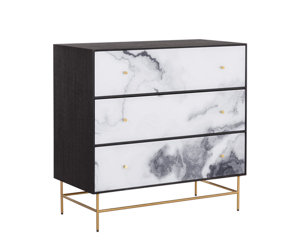 Sunpan Cordero Dresser: Modern Acacia Wood Marvel with Marble Design, Antique Brass Legs & Three Drawers
