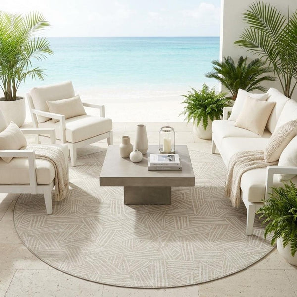 8 Ft Round Geometric Polyester Area Rug Washable Beige Ivory Indoor Outdoor Patio