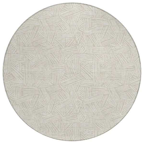 HomeRoots 8 Ft Round Geometric Polyester Area Rug Washable Beige Ivory Indoor Outdoor Patio 735009