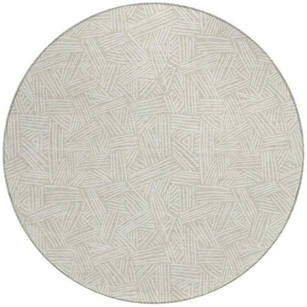 8 Ft Round Geometric Polyester Area Rug Washable Beige Ivory Indoor Outdoor Patio