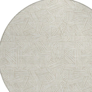 8 Ft Round Geometric Polyester Area Rug Washable Beige Ivory Indoor Outdoor Patio