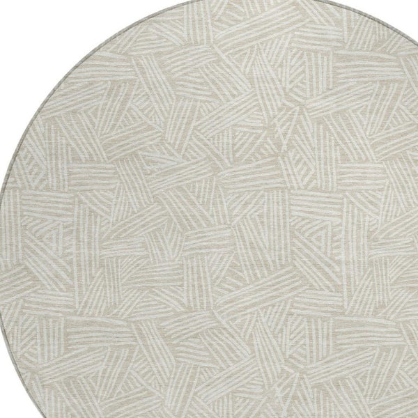 8 Ft Round Geometric Polyester Area Rug Washable Beige Ivory Indoor Outdoor Patio