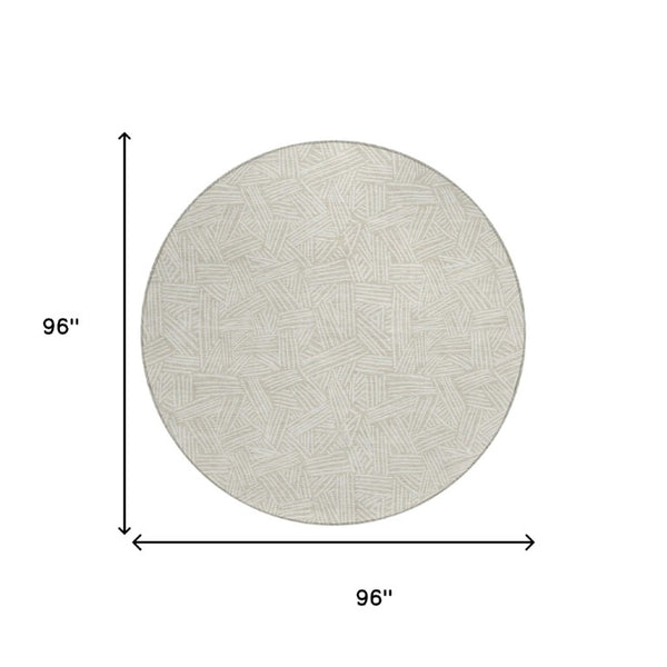 8 Ft Round Geometric Polyester Area Rug Washable Beige Ivory Indoor Outdoor Patio