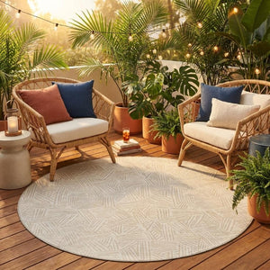8 Foot Round Geometric Polyester Area Rug Washable Indoor Outdoor Ivory Silver
