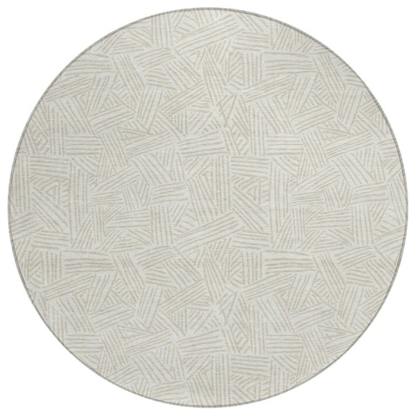 HomeRoots 8 Foot Round Geometric Polyester Area Rug Washable Indoor Outdoor Ivory Silver 735039