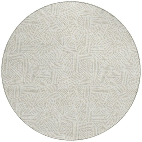 8 Foot Round Geometric Polyester Area Rug Washable Indoor Outdoor Ivory Silver