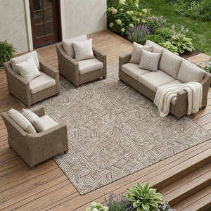 10 X 14 Geometric Polyester Area Rug Washable Indoor Outdoor Brown Ivory