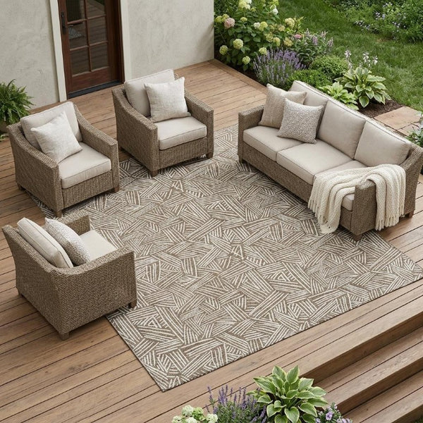 10 X 14 Geometric Polyester Area Rug Washable Indoor Outdoor Brown Ivory