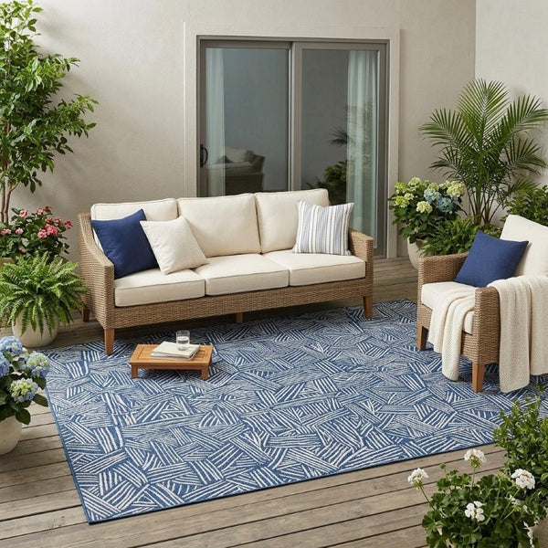 5x8 Navy Ivory Geometric Polyester Area Rug Washable Stain Resistant Indoor Outdoor