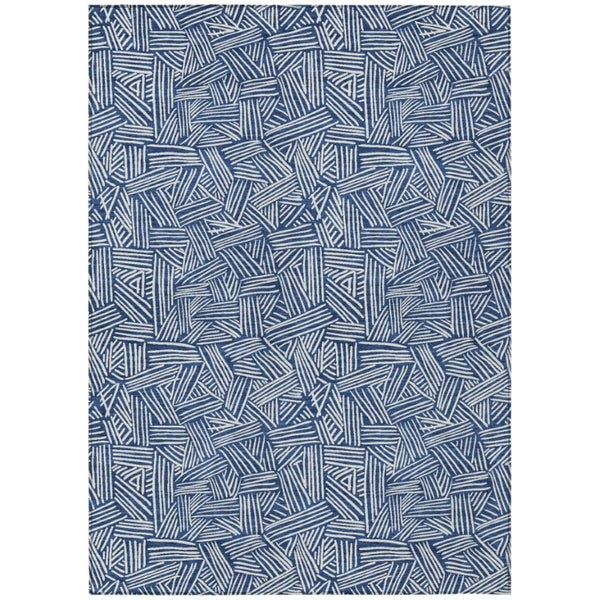 HomeRoots 5x8 Navy Ivory Geometric Polyester Area Rug Washable Stain Resistant Indoor Outdoor 735050