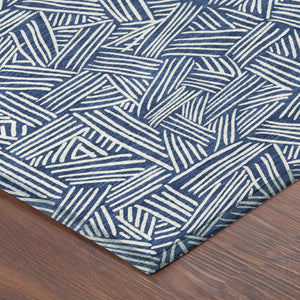 5x8 Navy Ivory Geometric Polyester Area Rug Washable Stain Resistant Indoor Outdoor