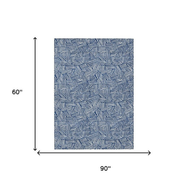 5x8 Navy Ivory Geometric Polyester Area Rug Washable Stain Resistant Indoor Outdoor
