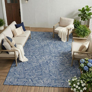 9x12 Navy Ivory Geometric Polyester Area Rug Washable Stain Resistant Indoor Outdoor