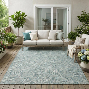5x8 Teal Ivory Geometric Polyester Area Rug Washable Stain Resistant Indoor Outdoor