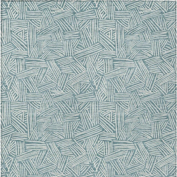 5x8 Teal Ivory Geometric Polyester Area Rug Washable Stain Resistant Indoor Outdoor