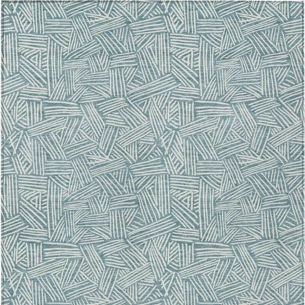 5x8 Teal Ivory Geometric Polyester Area Rug Washable Stain Resistant Indoor Outdoor