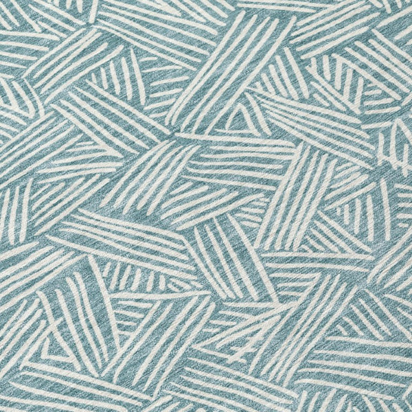 5x8 Teal Ivory Geometric Polyester Area Rug Washable Stain Resistant Indoor Outdoor