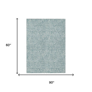 5x8 Teal Ivory Geometric Polyester Area Rug Washable Stain Resistant Indoor Outdoor
