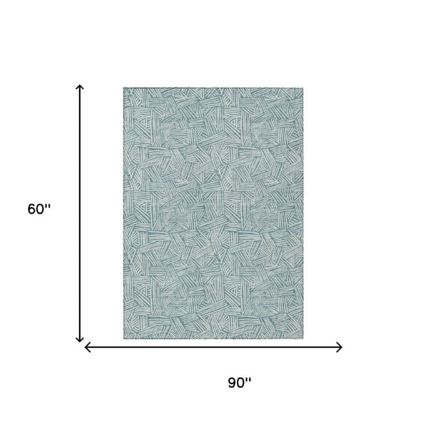 5x8 Teal Ivory Geometric Polyester Area Rug Washable Stain Resistant Indoor Outdoor