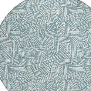 8 Ft Round Geometric Polyester Area Rug in Teal Ivory Washable for Patio or Indoors
