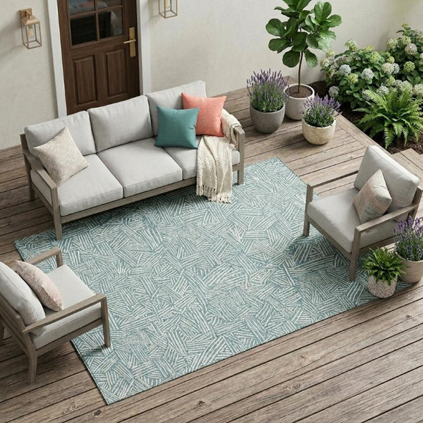 9 X 12 Teal Ivory Geometric Polyester Area Rug Washable for Patio or Living Room
