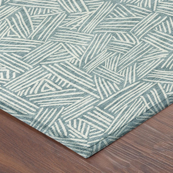 9 X 12 Teal Ivory Geometric Polyester Area Rug Washable for Patio or Living Room