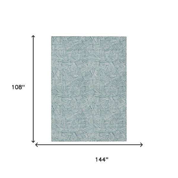 9 X 12 Teal Ivory Geometric Polyester Area Rug Washable for Patio or Living Room
