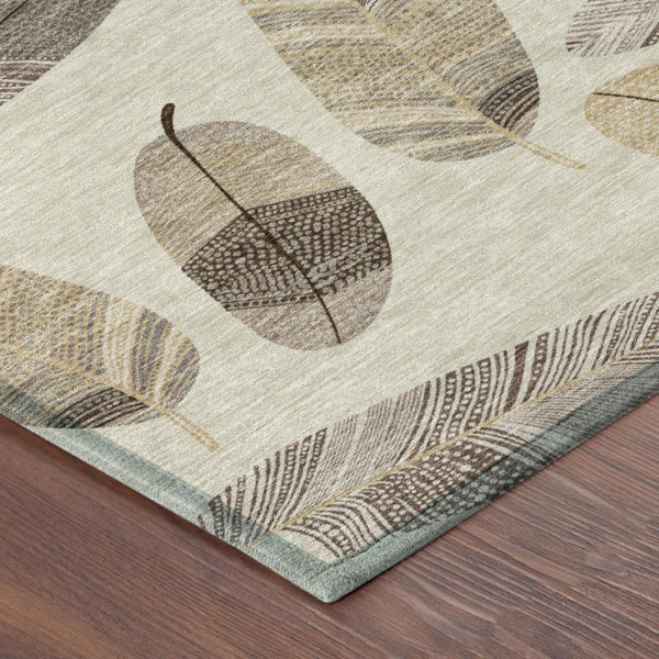 5x8 Beige Sky Blue Botanical Leaf Polyester Indoor Outdoor Washable Area Rug