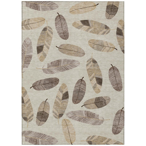 HomeRoots 8x10 Beige Sky Blue Botanical Leaf Polyester Washable Rug for Patio or Living Room 735077
