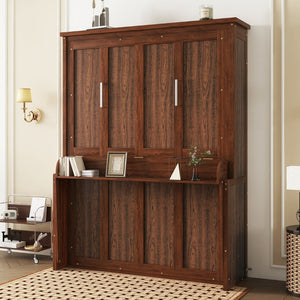 English Elm Queen Murphy Wall Bed with Integrated Desk Gas Strut Lift White Cabinet for Small Spaces Walnut W504S00226