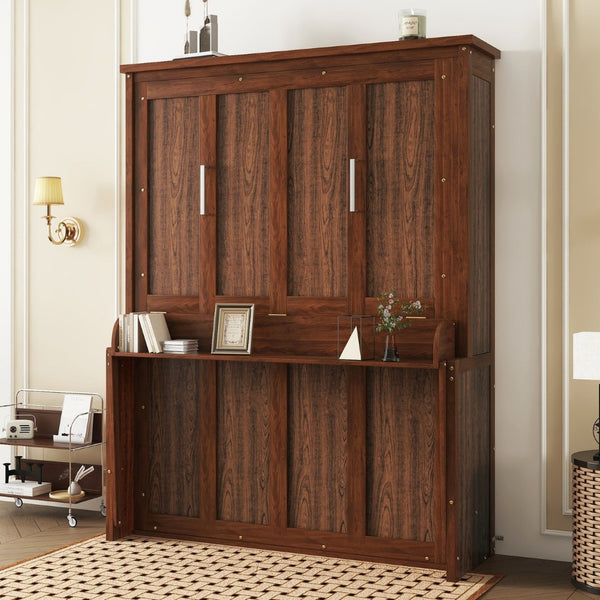 English Elm Queen Murphy Wall Bed with Integrated Desk Gas Strut Lift White Cabinet for Small Spaces Walnut W504S00226