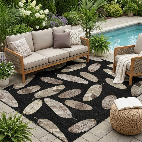 5' X 8' Black and Green Botanical Leaves Washable Indoor Outdoor Area Rug