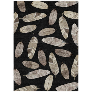 5' X 8' Black and Green Botanical Leaves Washable Indoor Outdoor Area Rug