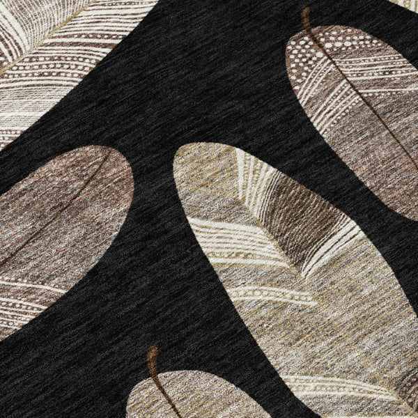 5' X 8' Black and Green Botanical Leaves Washable Indoor Outdoor Area Rug