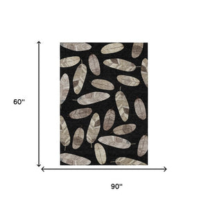 5' X 8' Black and Green Botanical Leaves Washable Indoor Outdoor Area Rug