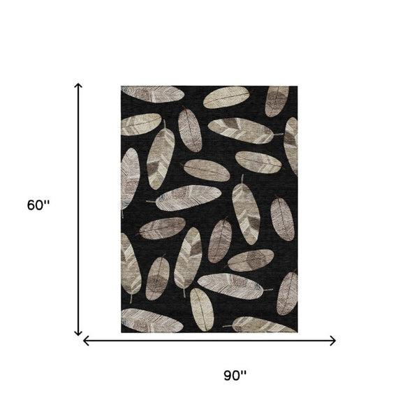 5' X 8' Black and Green Botanical Leaves Washable Indoor Outdoor Area Rug