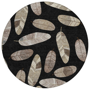 HomeRoots 8 Foot Round Botanical Leaf Polyester Area Rug Washable for Indoor Outdoor Spaces 735082