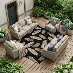 9' X 12' Black and Green Botanical Leaves Washable Indoor Outdoor Area Rug