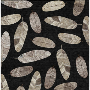 9' X 12' Black and Green Botanical Leaves Washable Indoor Outdoor Area Rug