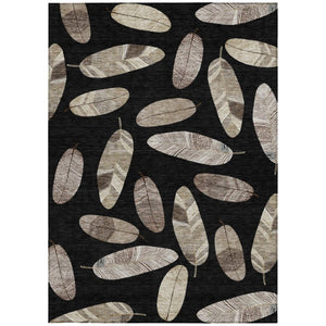 9' X 12' Black and Green Botanical Leaves Washable Indoor Outdoor Area Rug