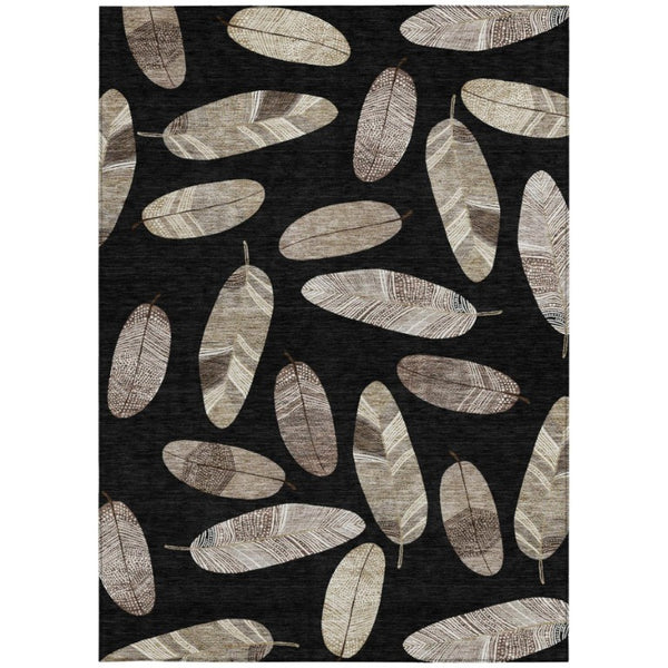 9' X 12' Black and Green Botanical Leaves Washable Indoor Outdoor Area Rug